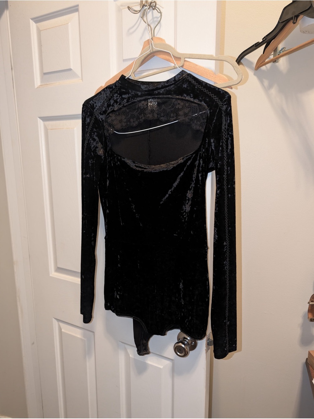 Black Crushed Velvet Long-Sleeve Open chest with lace & mock Turtleneck bodysuit